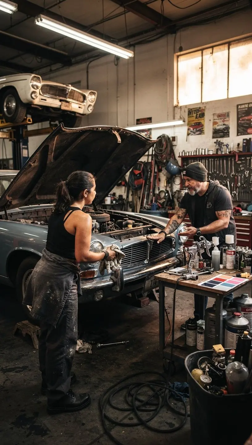 Team collaborating on restoration plan for a rare European classic car model